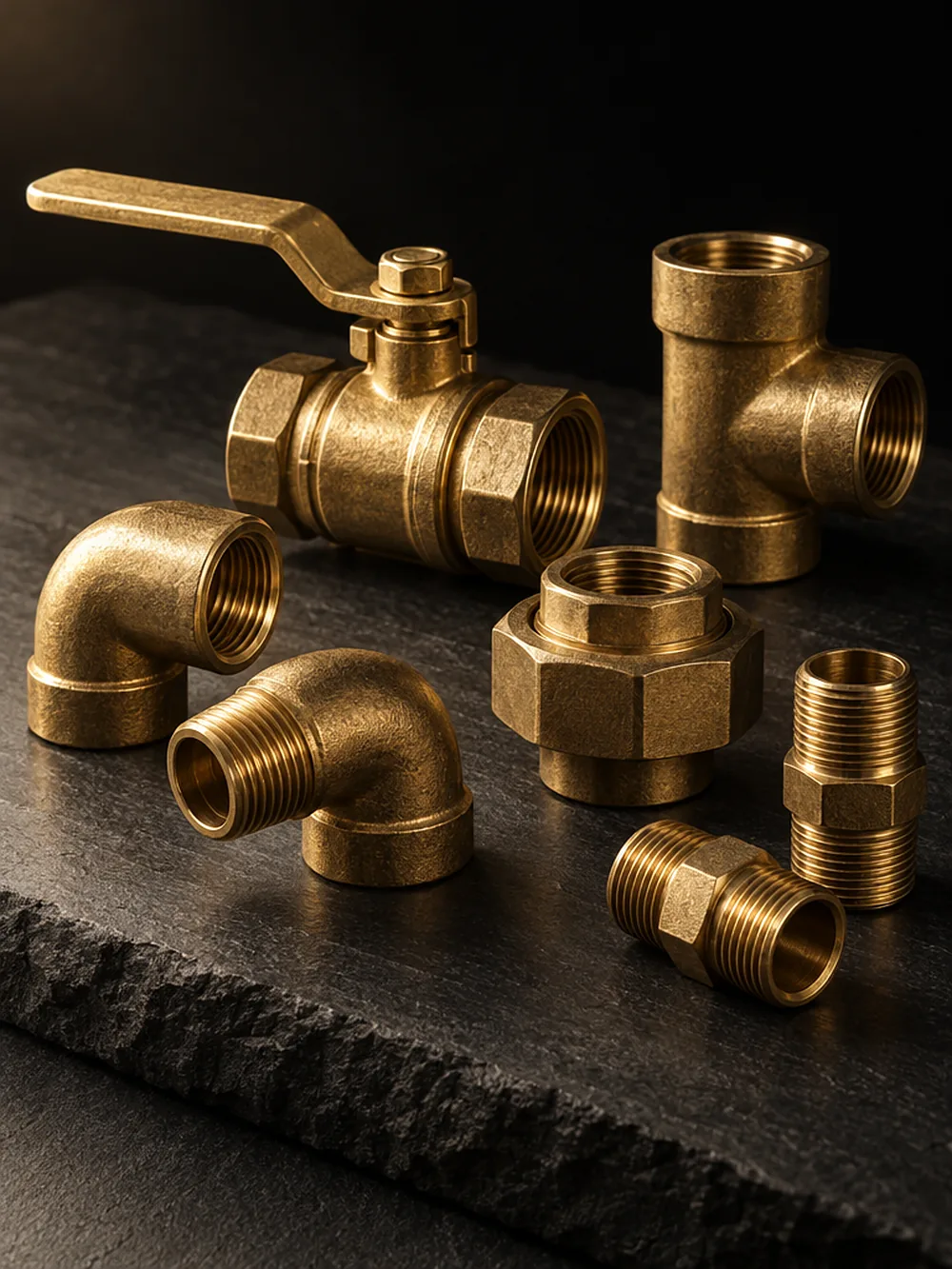 Polished brass ball valve and fittings on dark slate